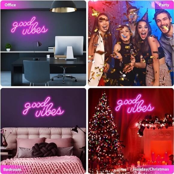 Pink Good Vibes Neon Sign Light Bedroom LED Neon Wall Decor (16.1 x 8.3 inch) - Picture 6 of 8